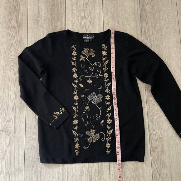 Carole Little Wool Beaded Embroidered Knit Sweater Women Size Large Black Floral - Picture 8 of 10